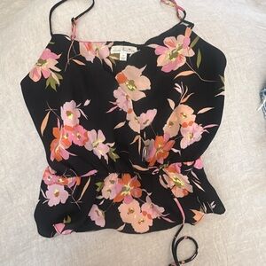 Maeve Black Floral Wrap Cami with Pink & Coral Blooms